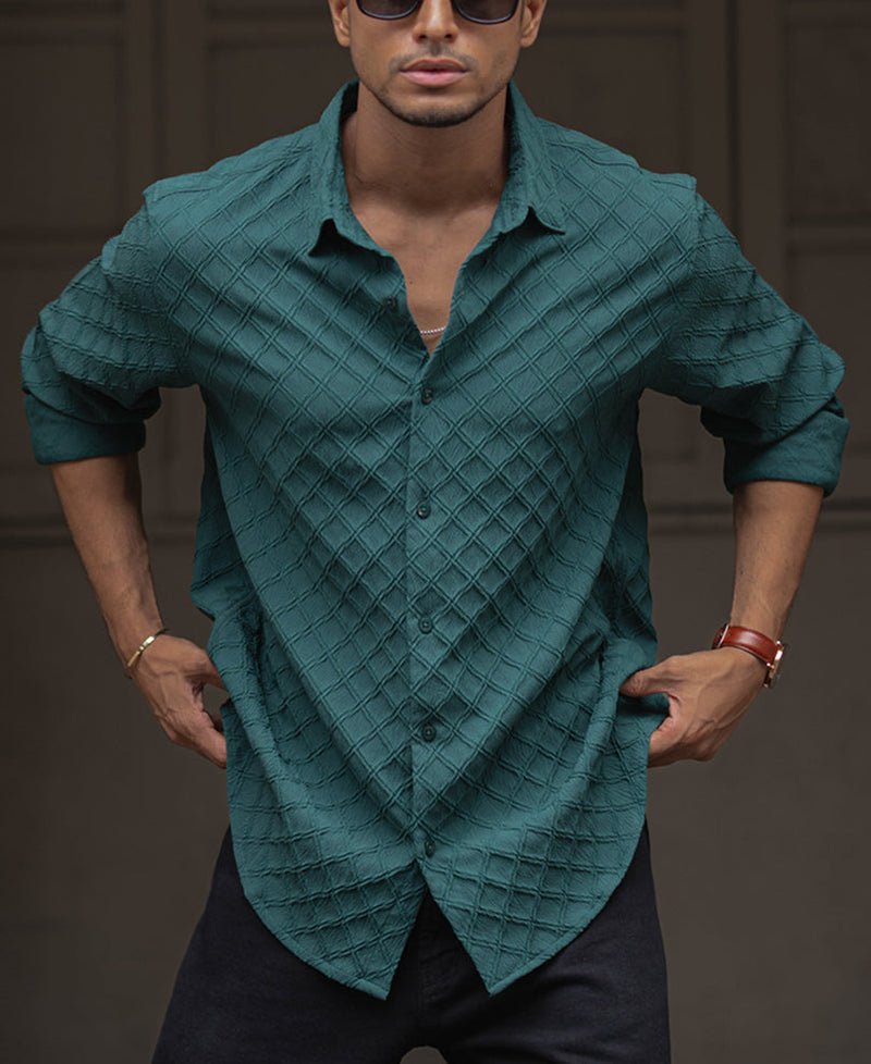 Green Plain Structured Regular Fit Full Sleeves Shirt