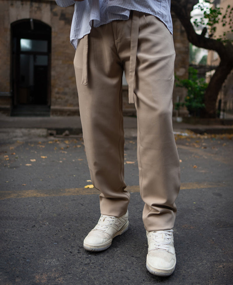 Beige Pleated Trousers With Belt