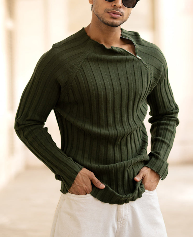 Olive High Neck Ribbed T-Shirt