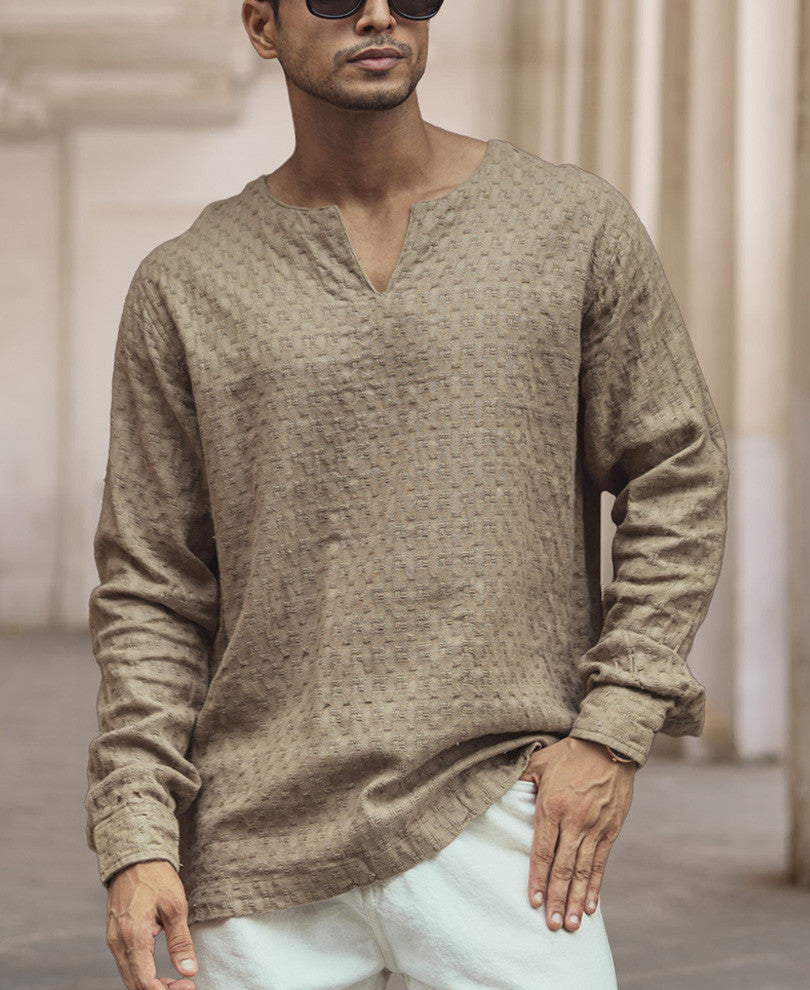 Beige Structured Regular Fit Full Sleeve Kurta Style Shirt