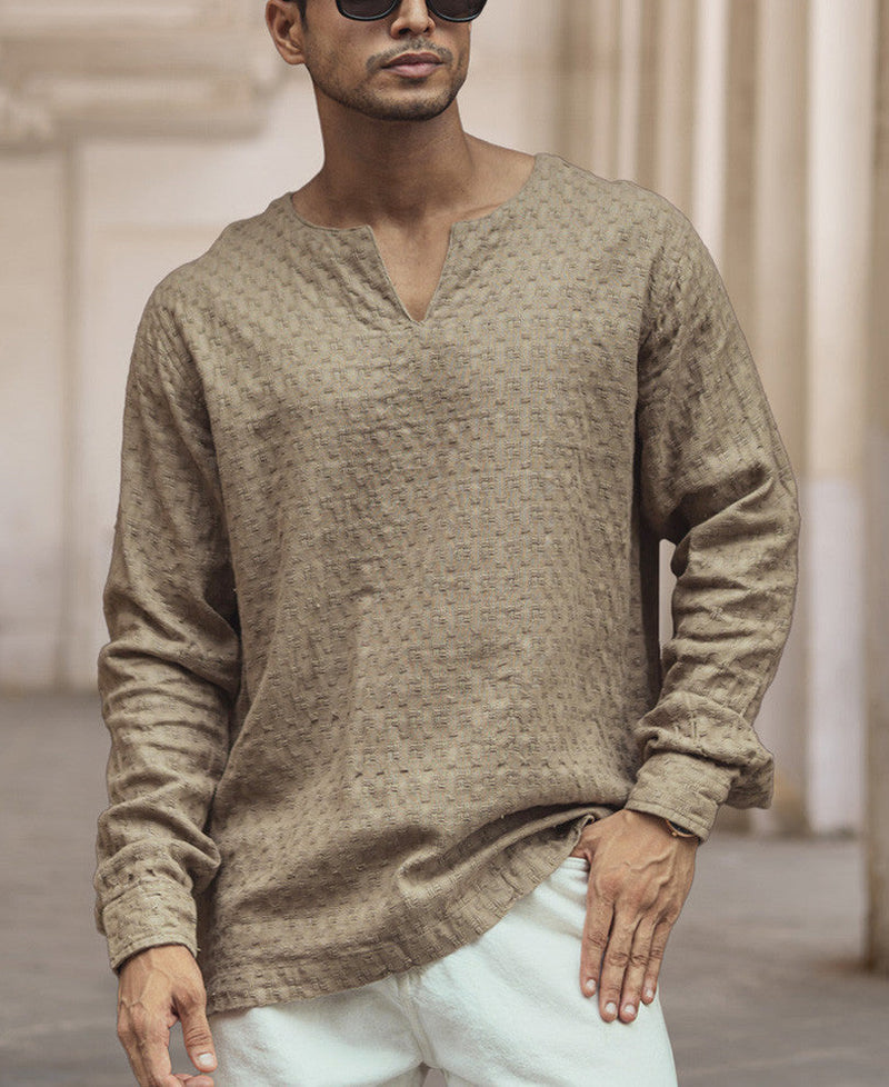 Beige Structured Regular Fit Full Sleeve Kurta Style Shirt