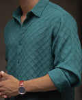 Green Plain Structured Regular Fit Full Sleeves Shirt