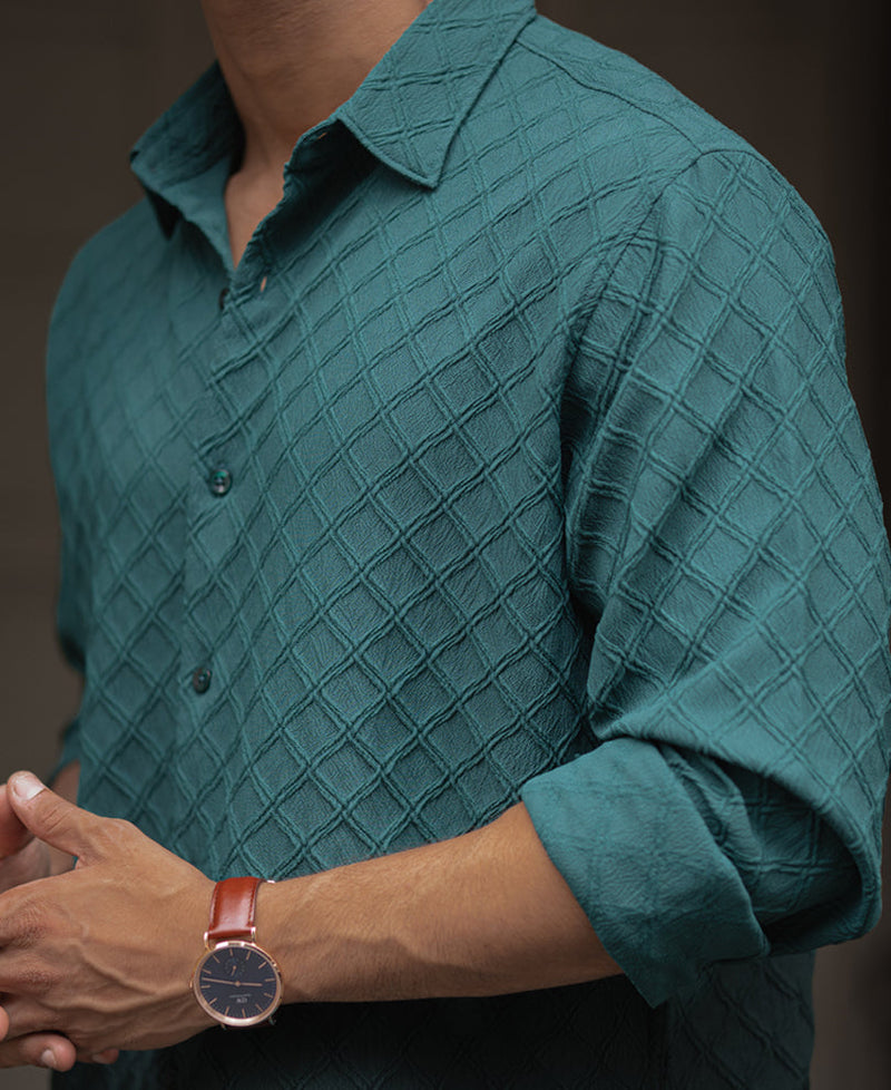 Green Plain Structured Regular Fit Full Sleeves Shirt