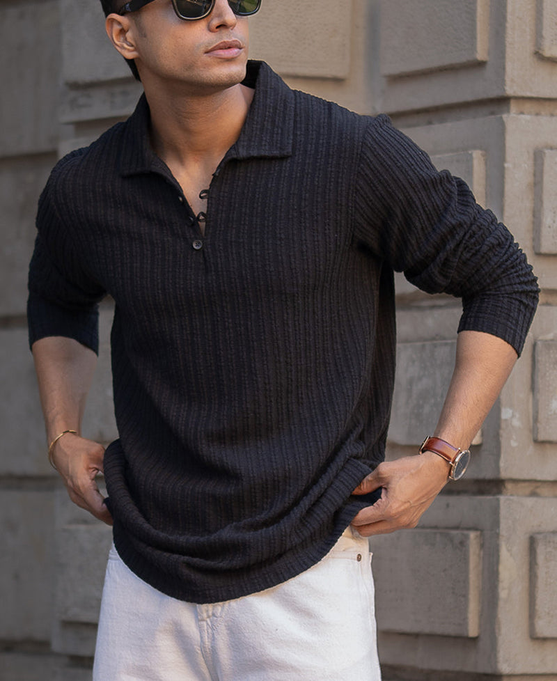 Black Self Stripe Polo T-Shirt