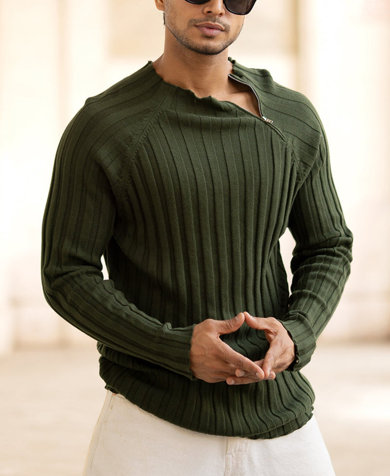 Olive High Neck Ribbed T-Shirt