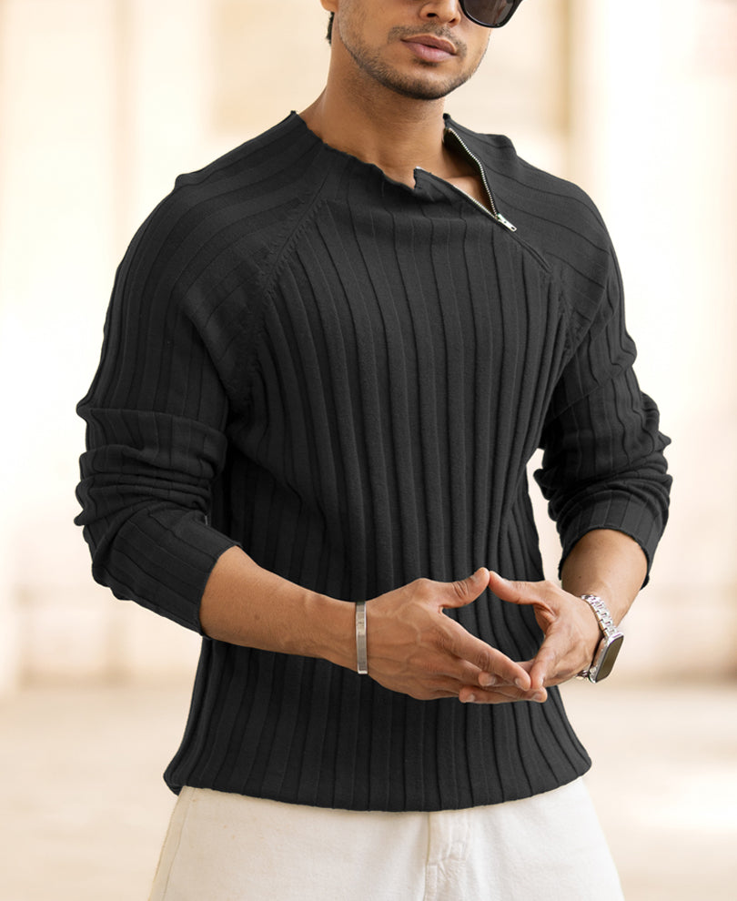 Black High Neck Ribbed T-Shirt