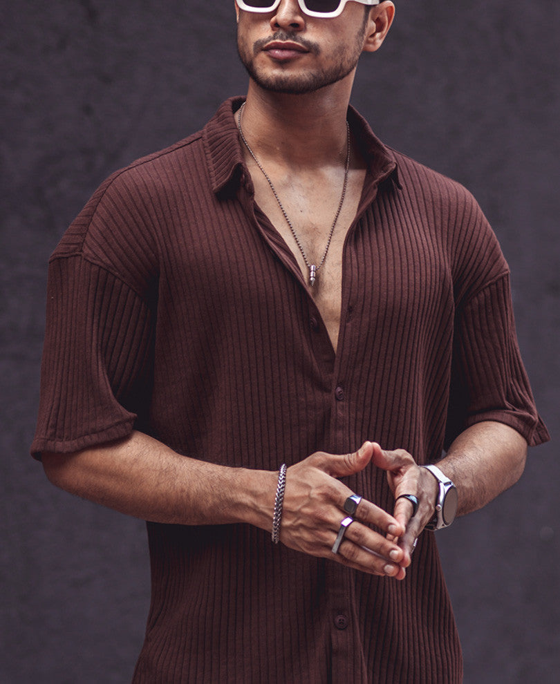 Brown Rib Knit Oversize Drop Shoulder Shirt