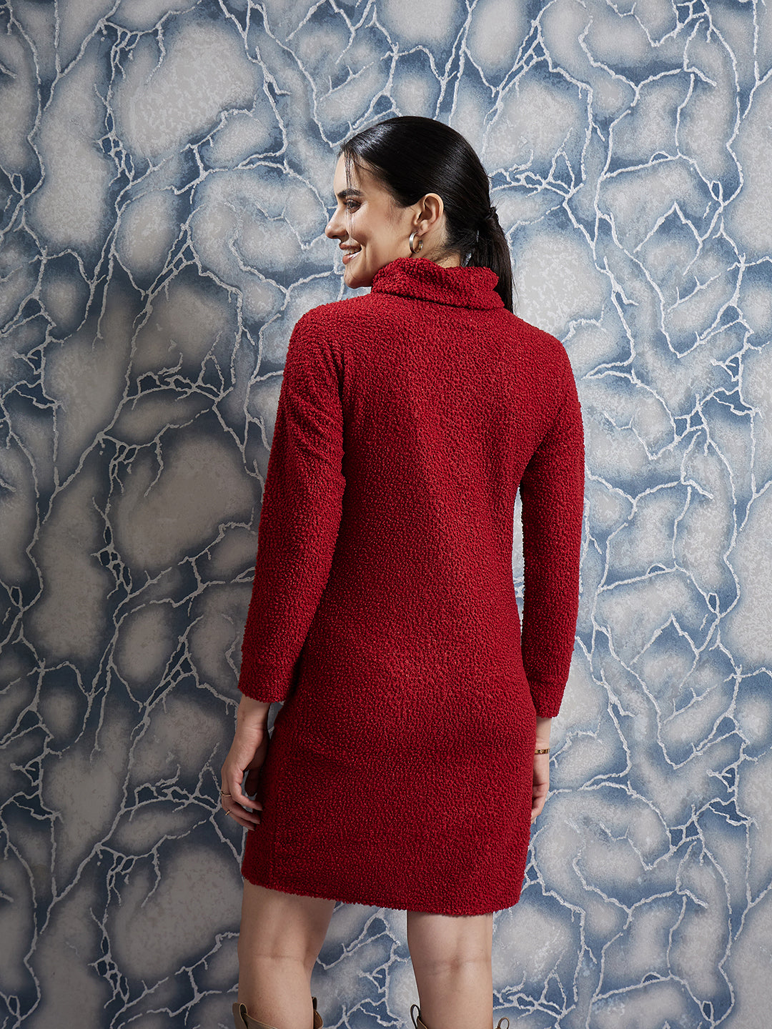 Athena Maroon Self-Design Turtle Neck Sheath Dress