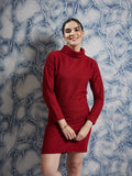 Athena Maroon Self-Design Turtle Neck Sheath Dress