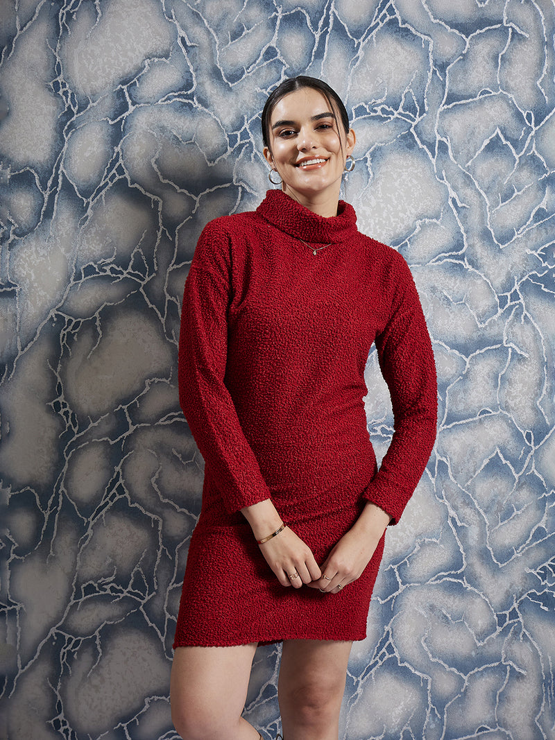 Athena Maroon Self-Design Turtle Neck Sheath Dress