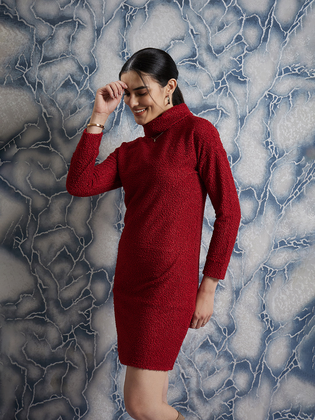 Athena Maroon Self-Design Turtle Neck Sheath Dress