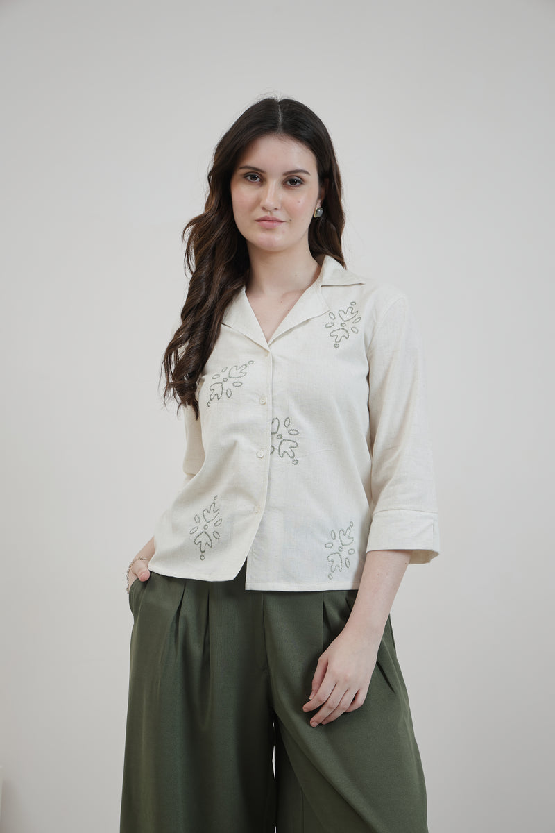 Women Relaxed Fit Textured Colourblocked Cuban Collar Cotton Casual Shirt