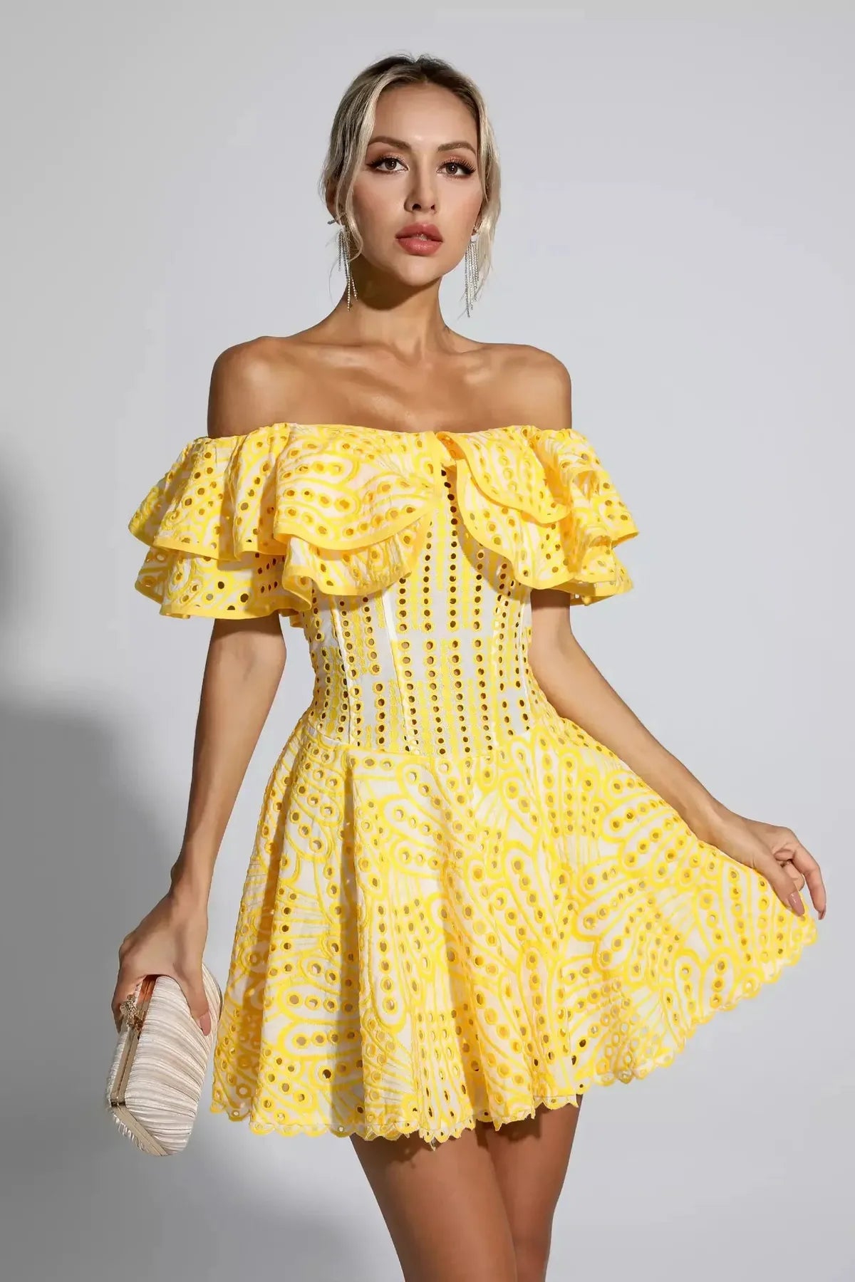 Cutout Ruffle Mini Dress - Yellow