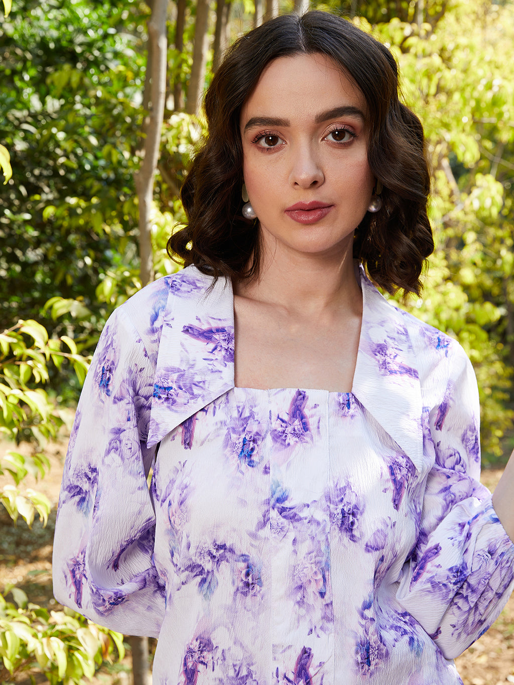 Athena Lavender Floral Print Flared Sleeve A-Line Dress