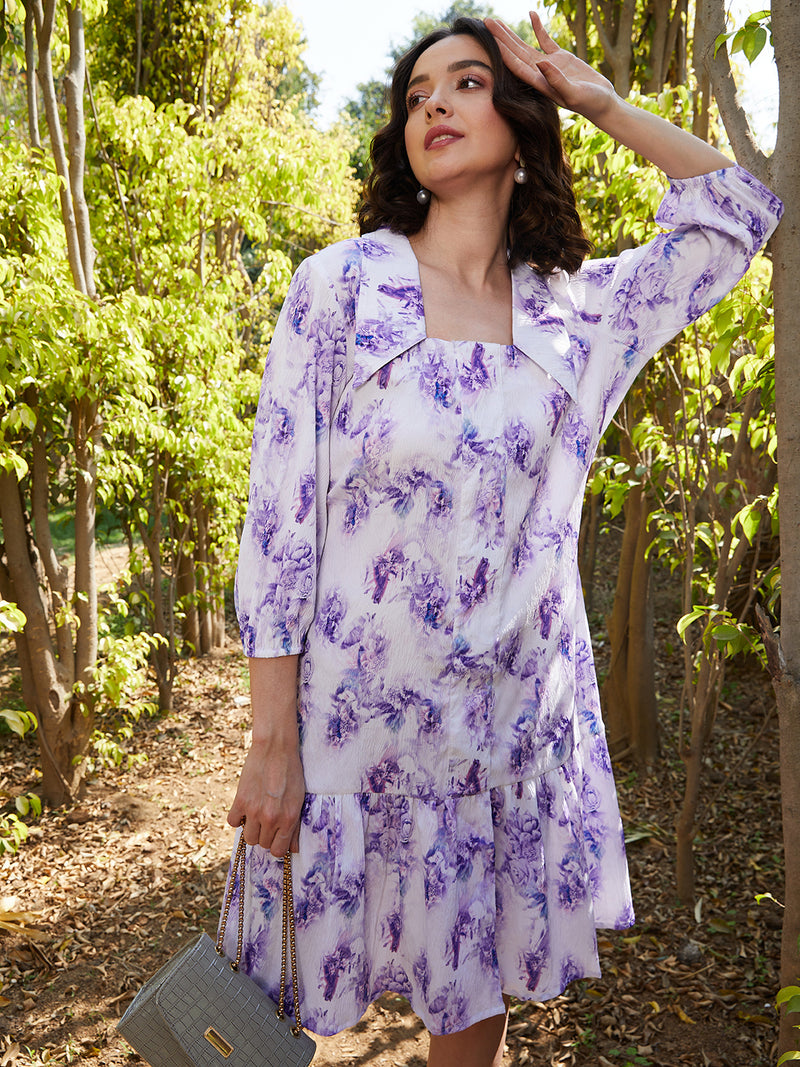 Athena Lavender Floral Print Flared Sleeve A-Line Dress