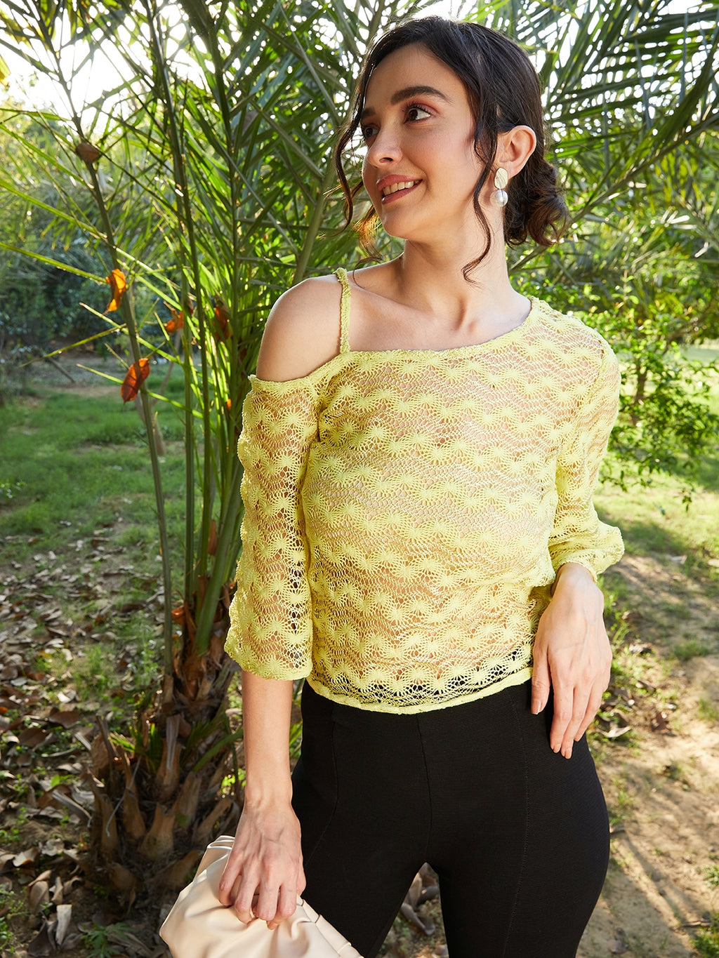 Athena Self-Design One Shoulder Flared Sleeves Lace Top
