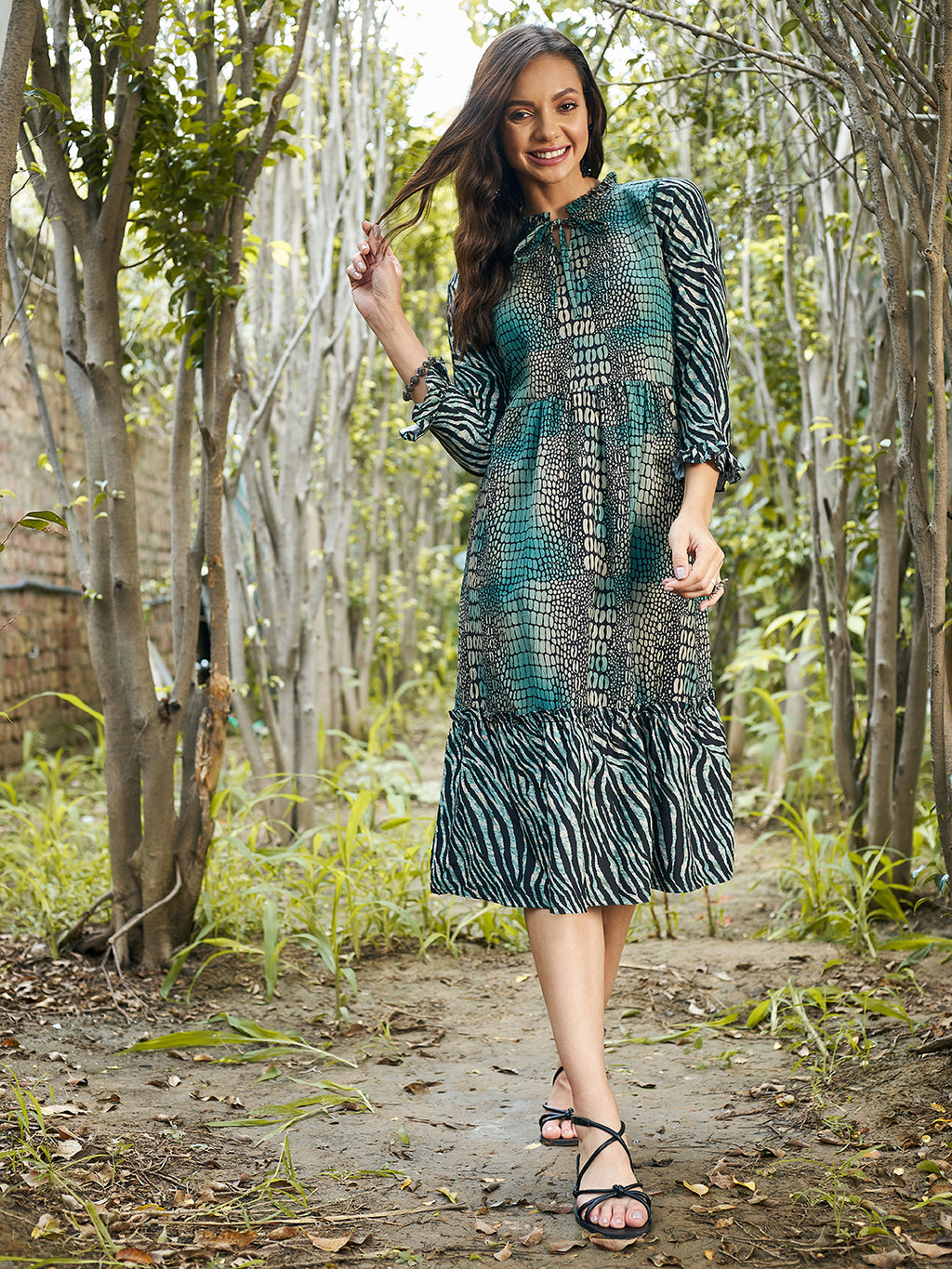 Athena Green Animal Tie Up Neck Dress