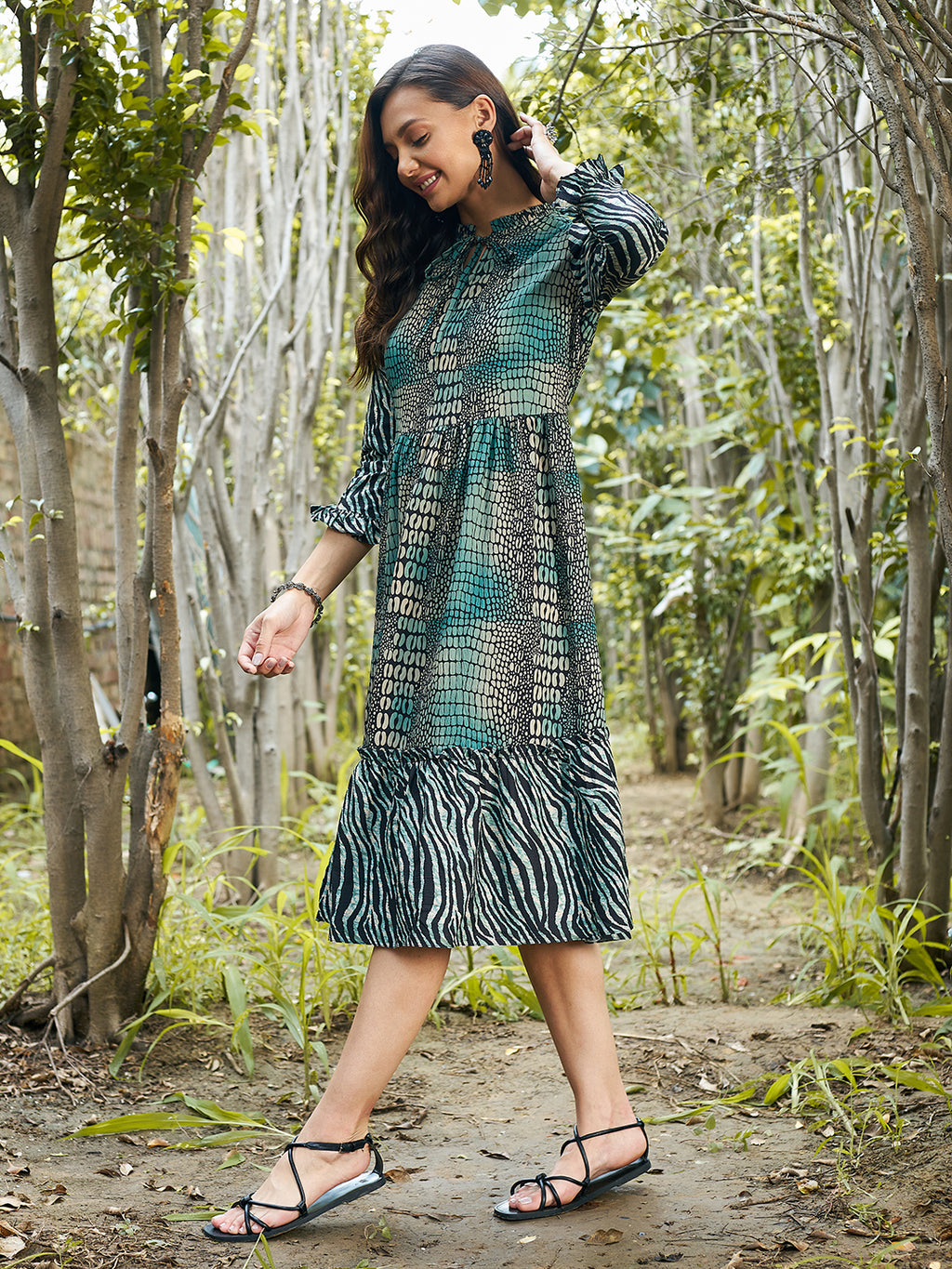 Athena Green Animal Tie Up Neck Dress