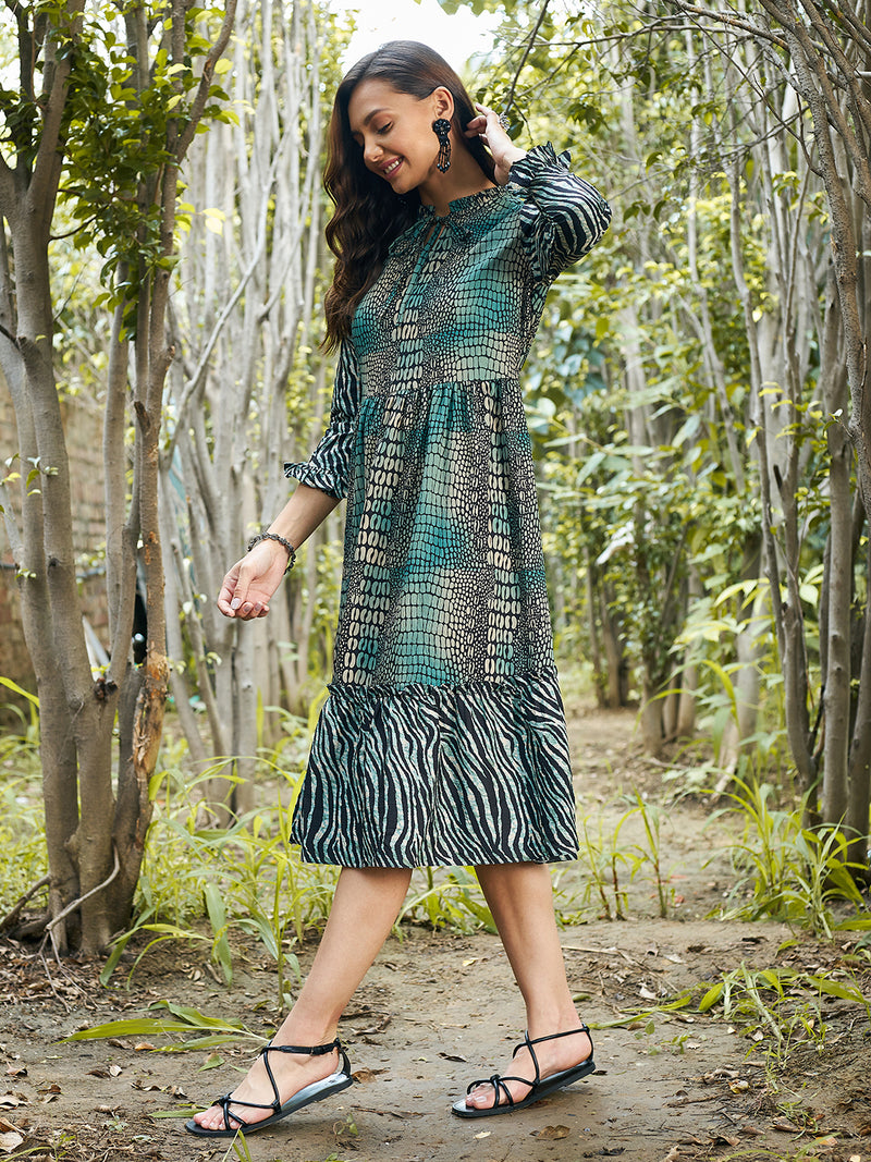 Athena Green Animal Tie Up Neck Dress