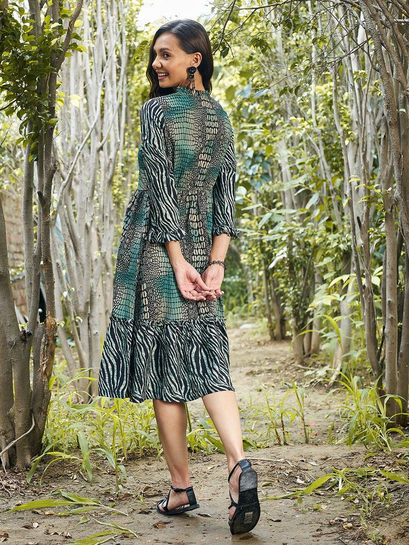 Athena Green Animal Tie Up Neck Dress