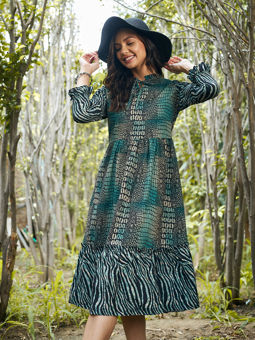 Athena Green Animal Tie Up Neck Dress