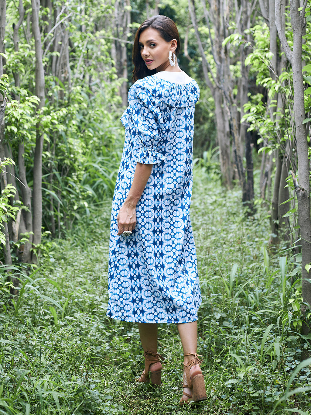 Athena Blue & White Printed Linen A-Line Midi Dress