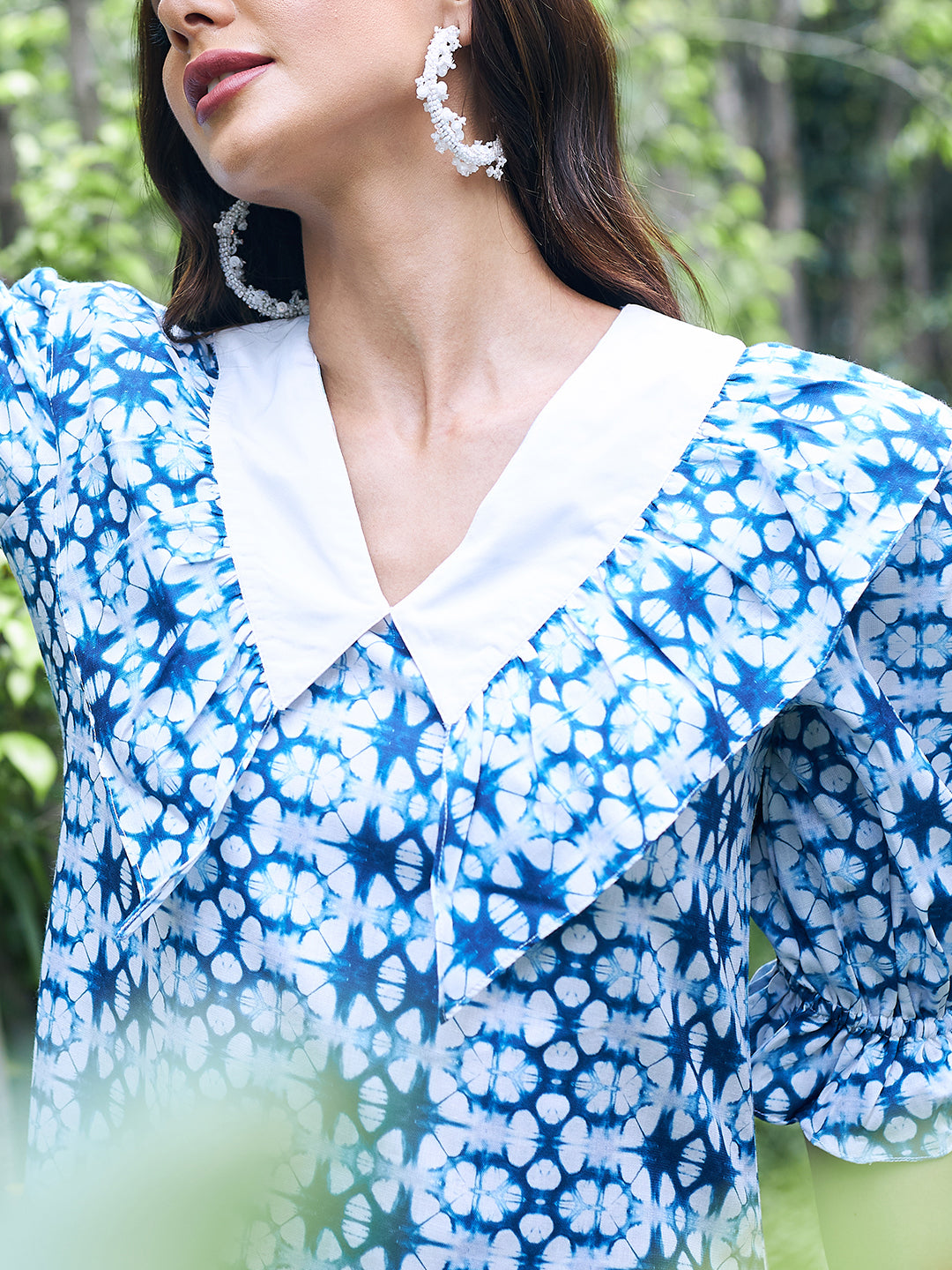 Athena Blue & White Printed Linen A-Line Midi Dress