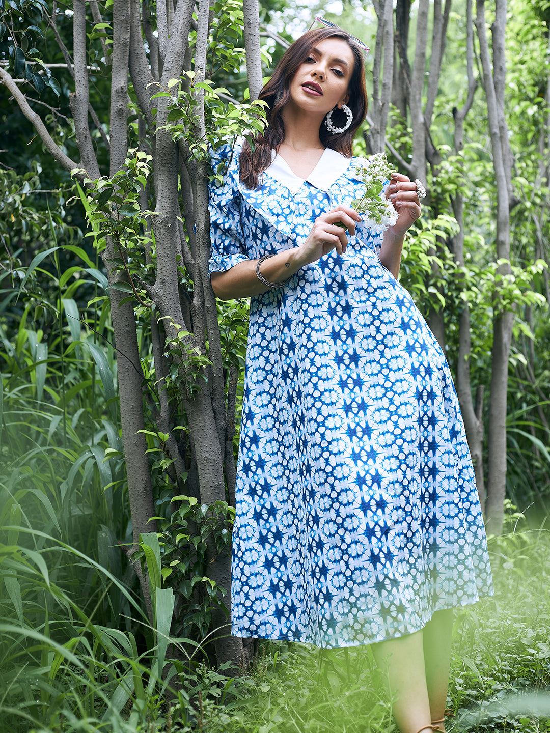 Athena Blue & White Printed Linen A-Line Midi Dress