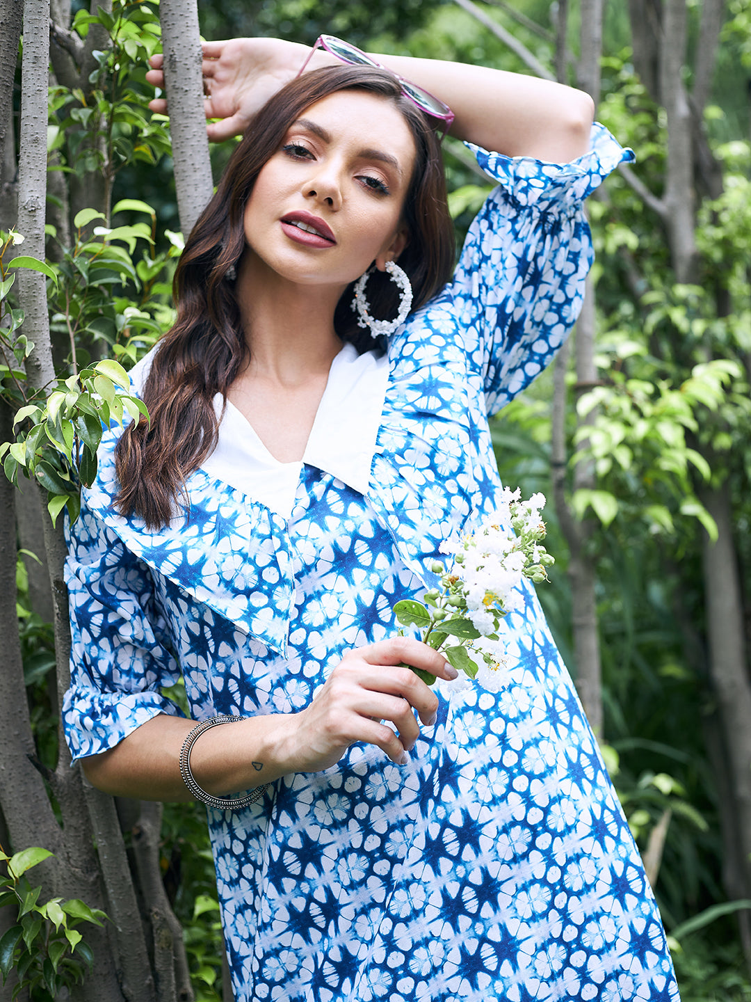 Athena Blue & White Printed Linen A-Line Midi Dress