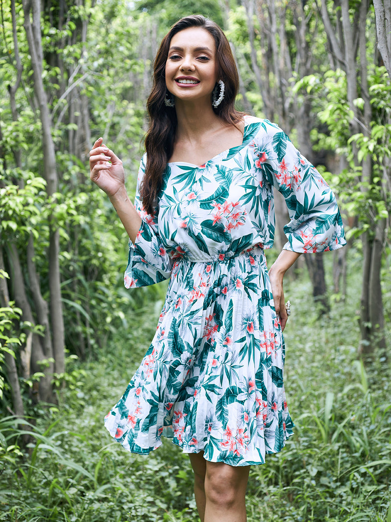 Athena White Green Floral Crepe Blouson Dress