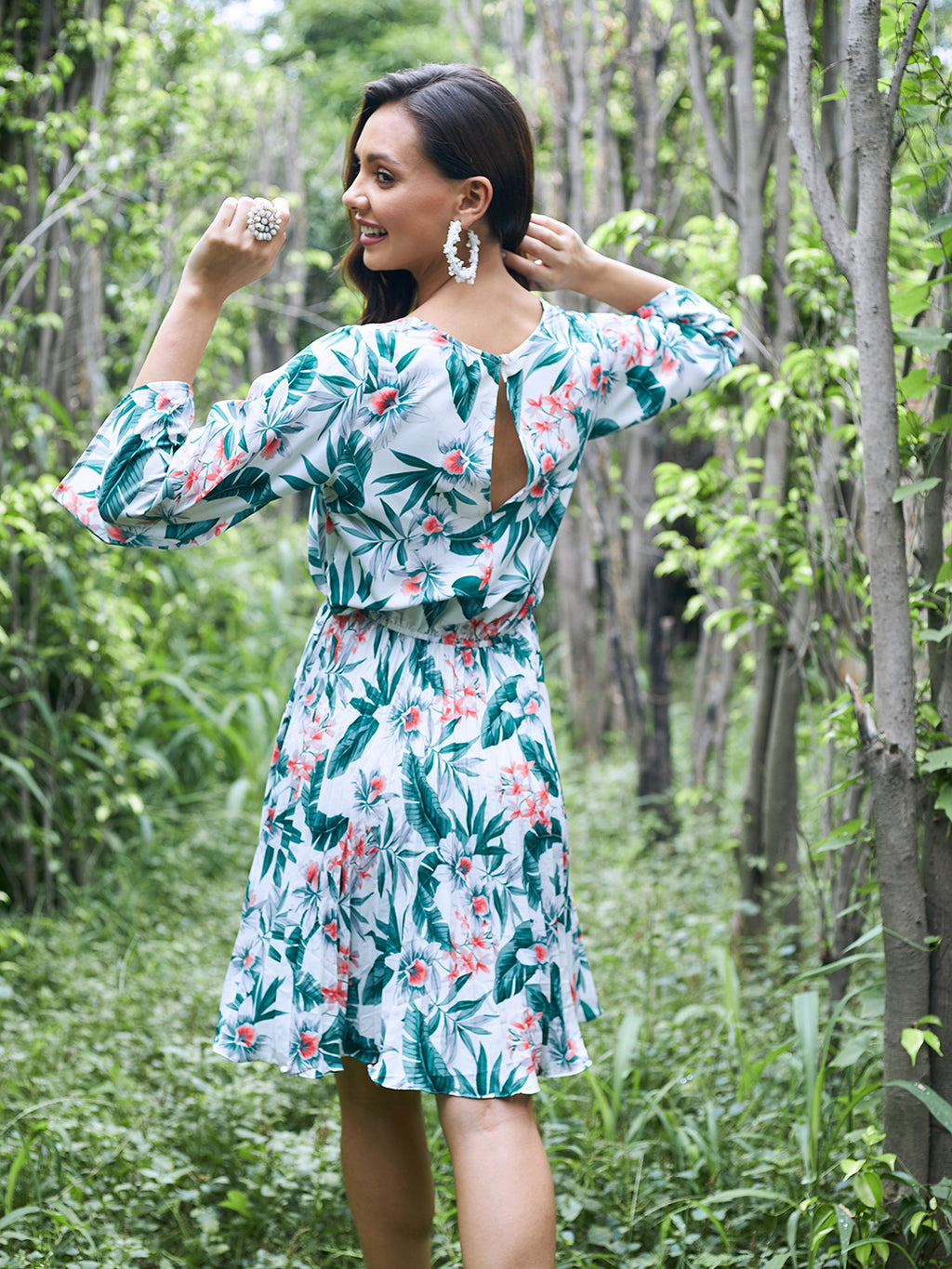 Athena White Green Floral Crepe Blouson Dress