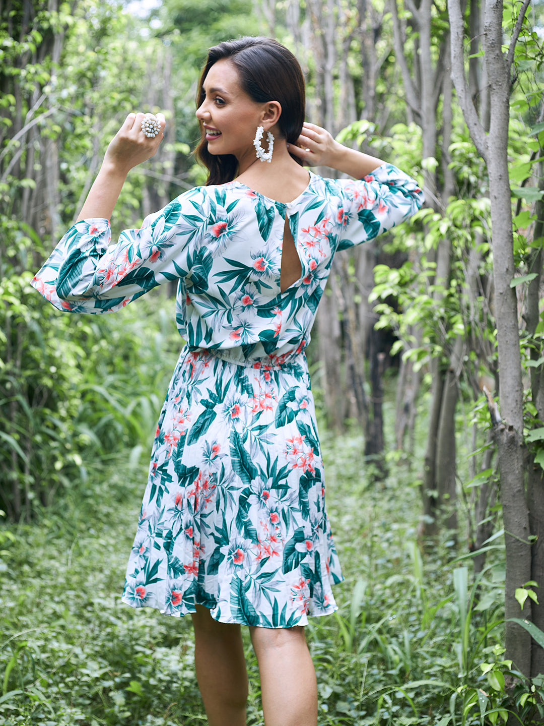 Athena White Green Floral Crepe Blouson Dress