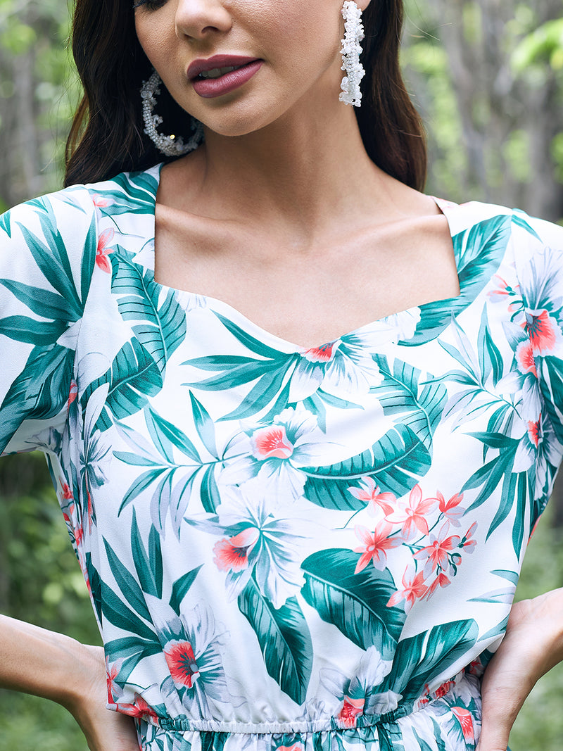 Athena White Green Floral Crepe Blouson Dress