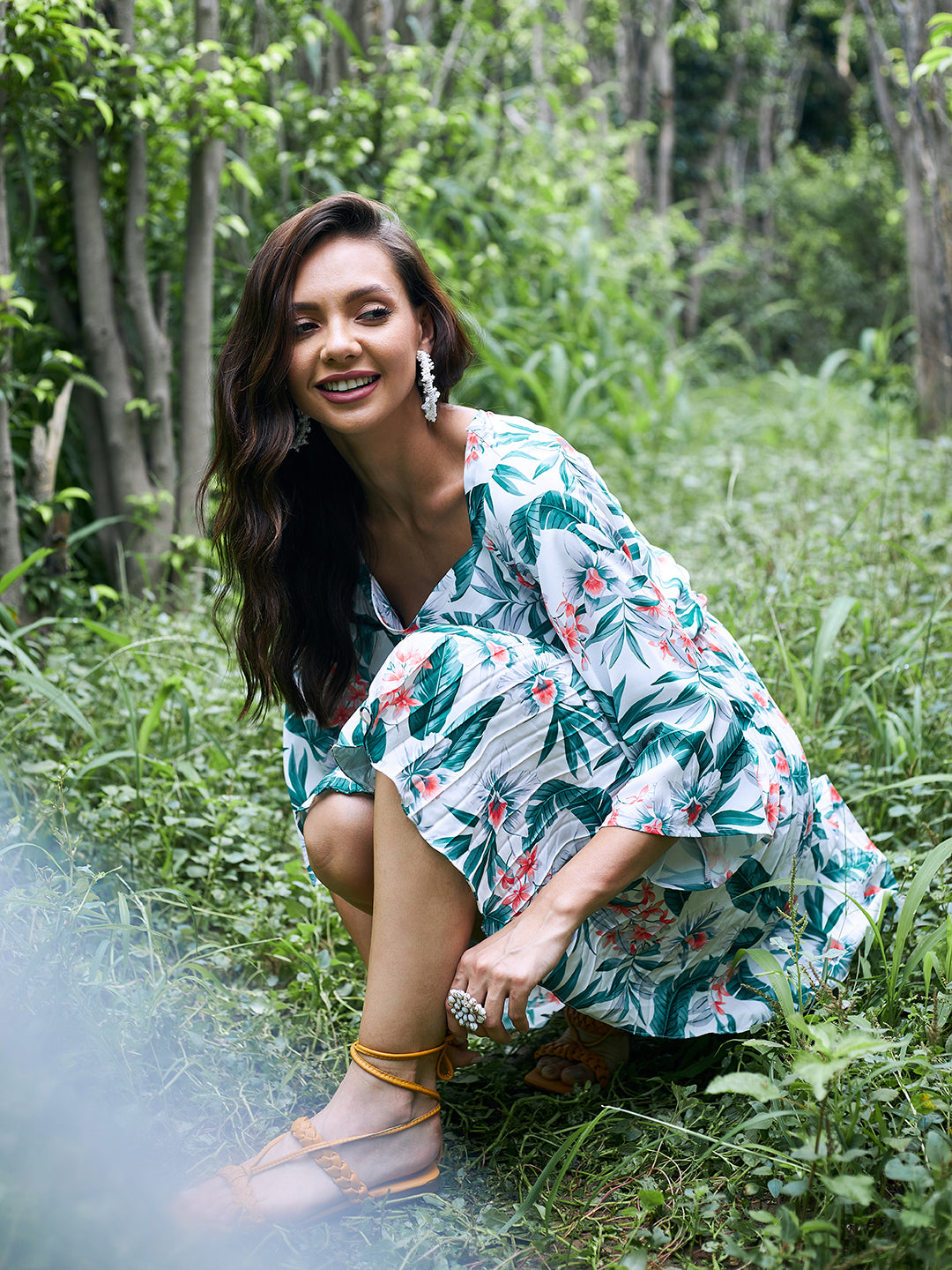 Athena White Green Floral Crepe Blouson Dress