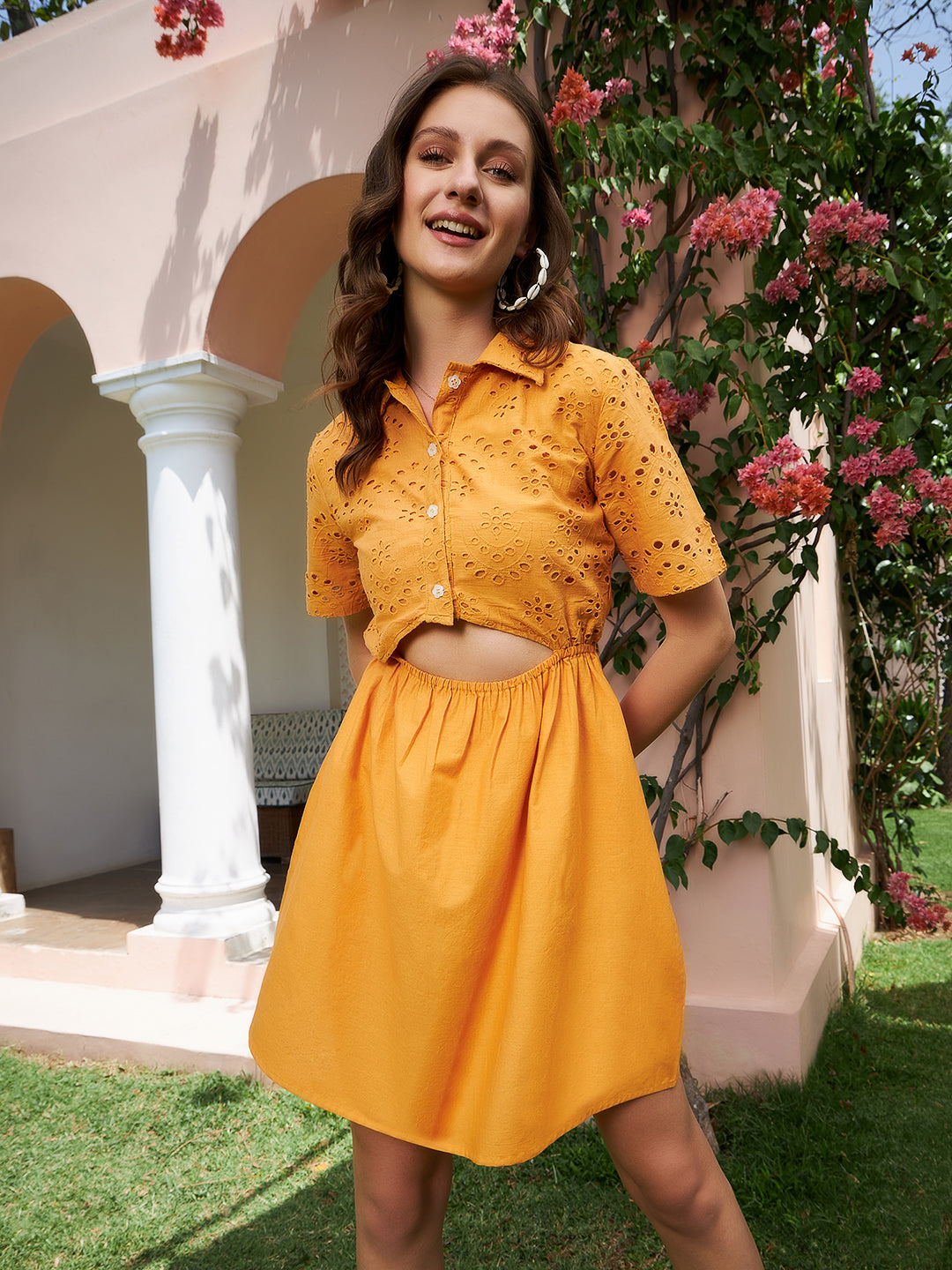 Athena Mustard Yellow Schiffli Tie Up Shirt Cotton Dress