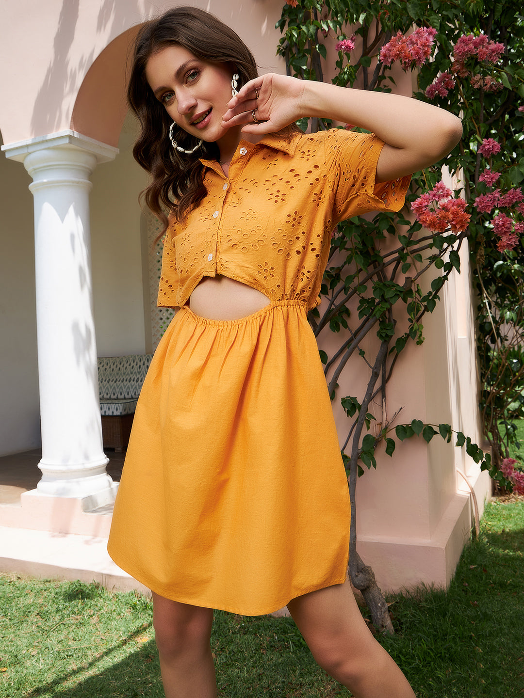 Athena Mustard Yellow Schiffli Tie Up Shirt Cotton Dress