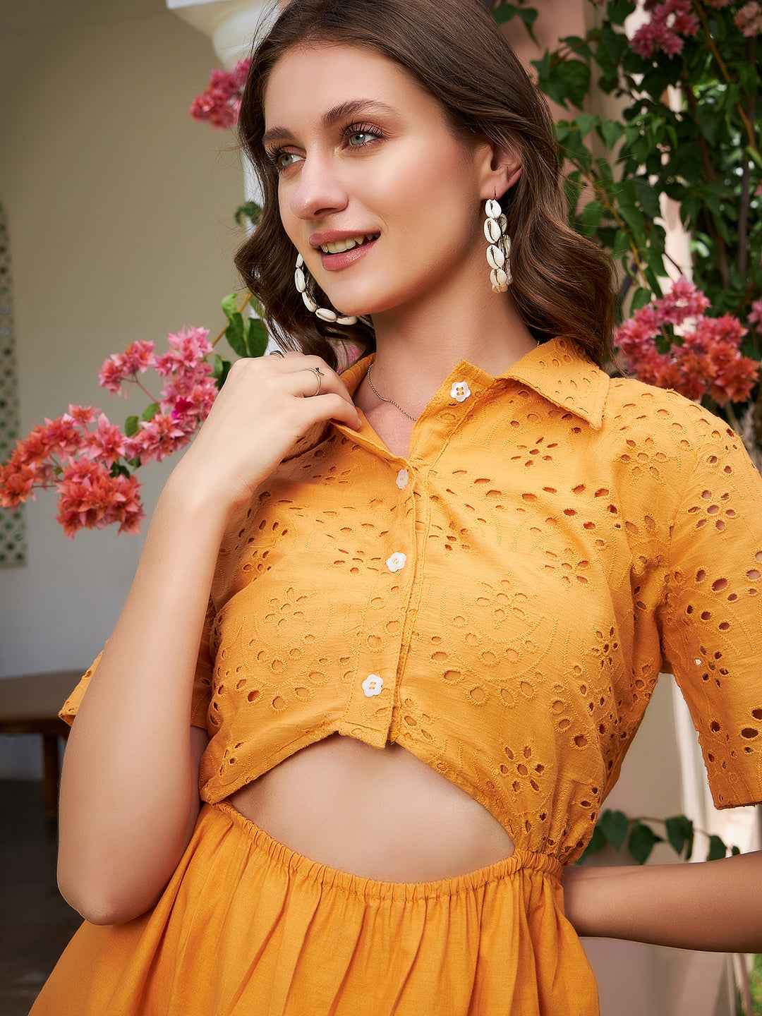 Athena Mustard Yellow Schiffli Tie Up Shirt Cotton Dress