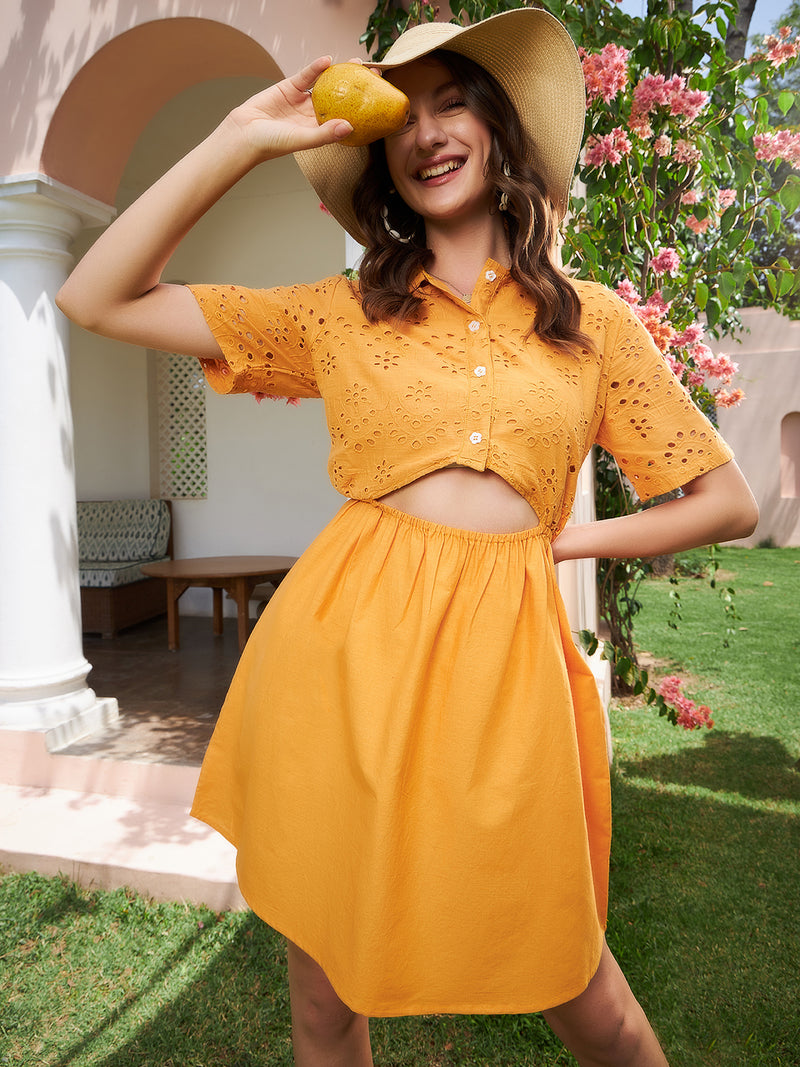 Athena Mustard Yellow Schiffli Tie Up Shirt Cotton Dress