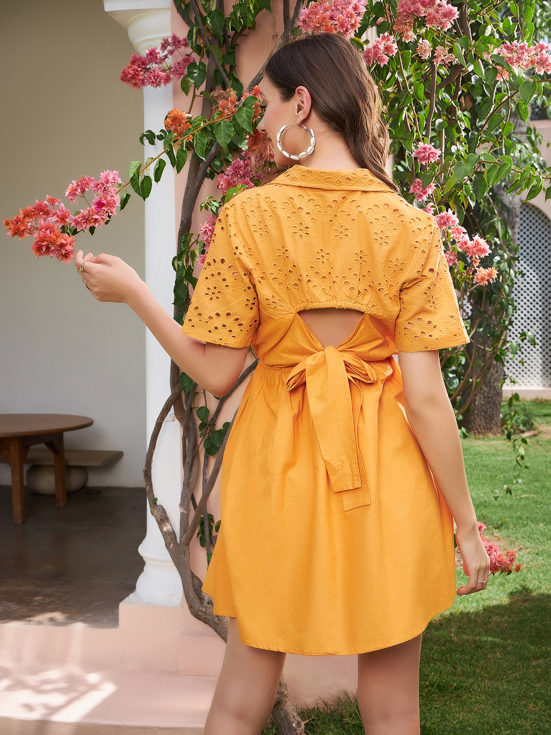 Athena Mustard Yellow Schiffli Tie Up Shirt Cotton Dress