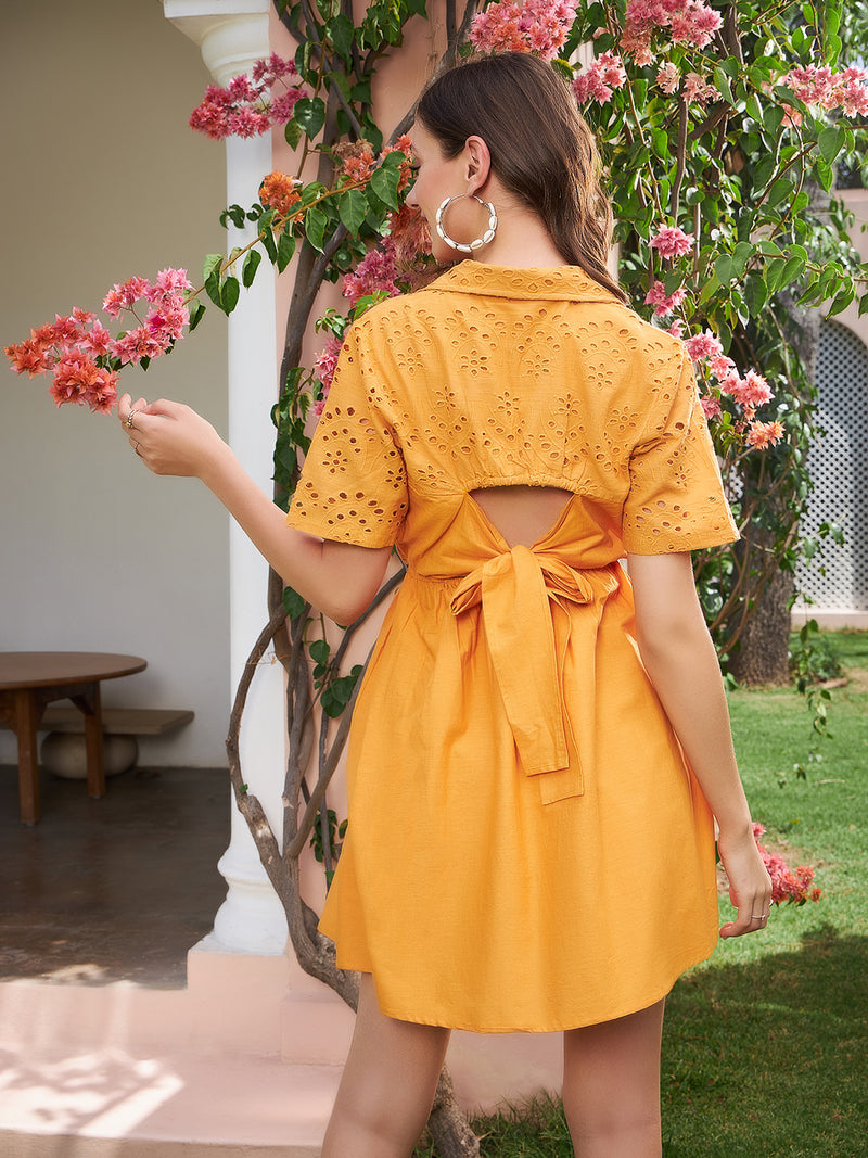 Athena Mustard Yellow Schiffli Tie Up Shirt Cotton Dress