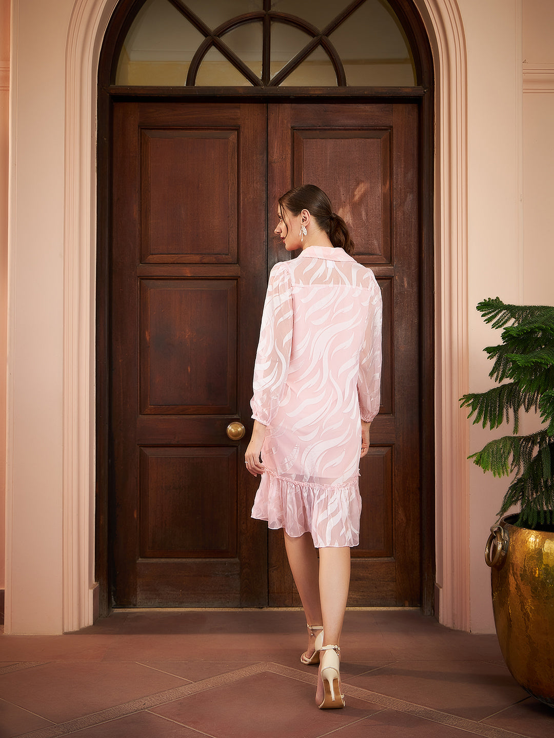 Athena Peach Coloured Abstract Printed Shirt-Style Dress