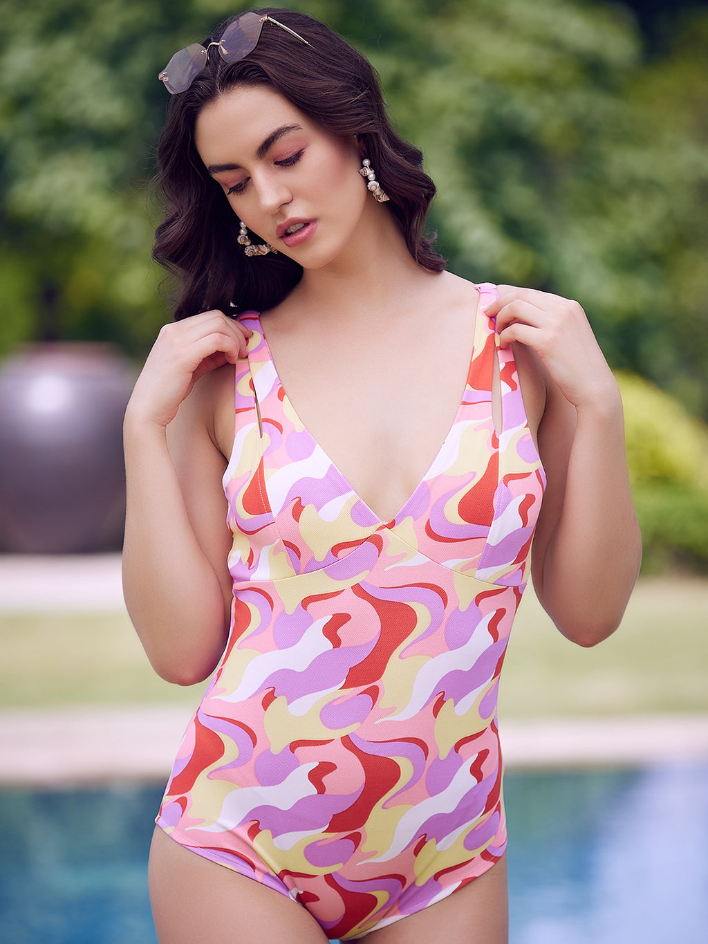 Athena Pink Purple Abstract Printed Swim Bodysuit