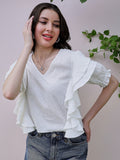 Athena White Self Design V-Neck Flutter Sleeves Ruffles Detailed Top