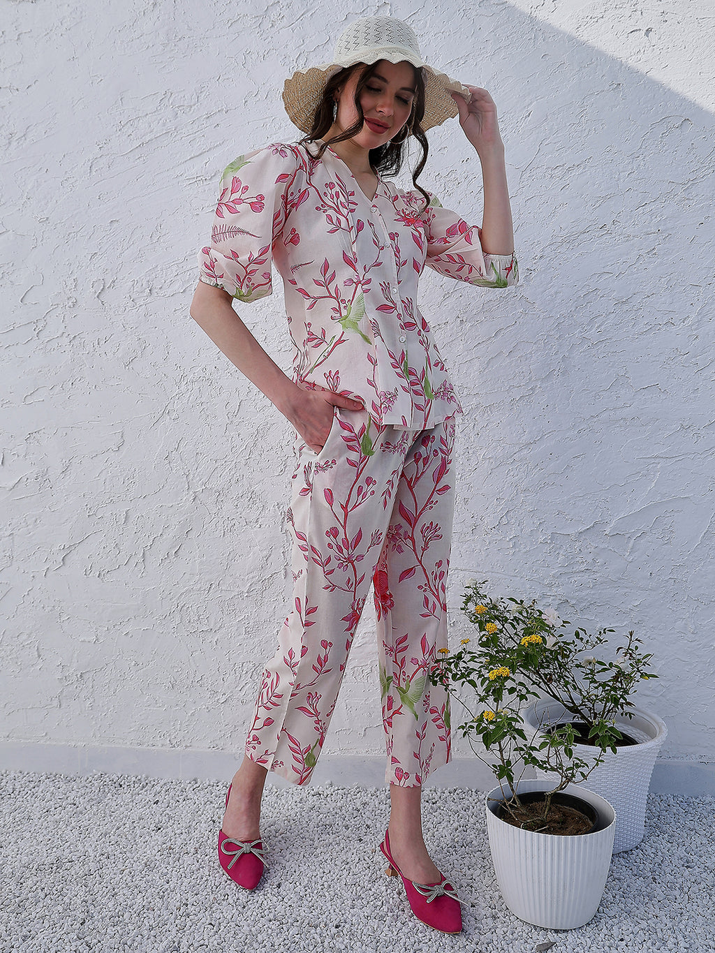 Boho By Athena Printed Shirt-Collar Neck Top Flared Trouser Co-Ords