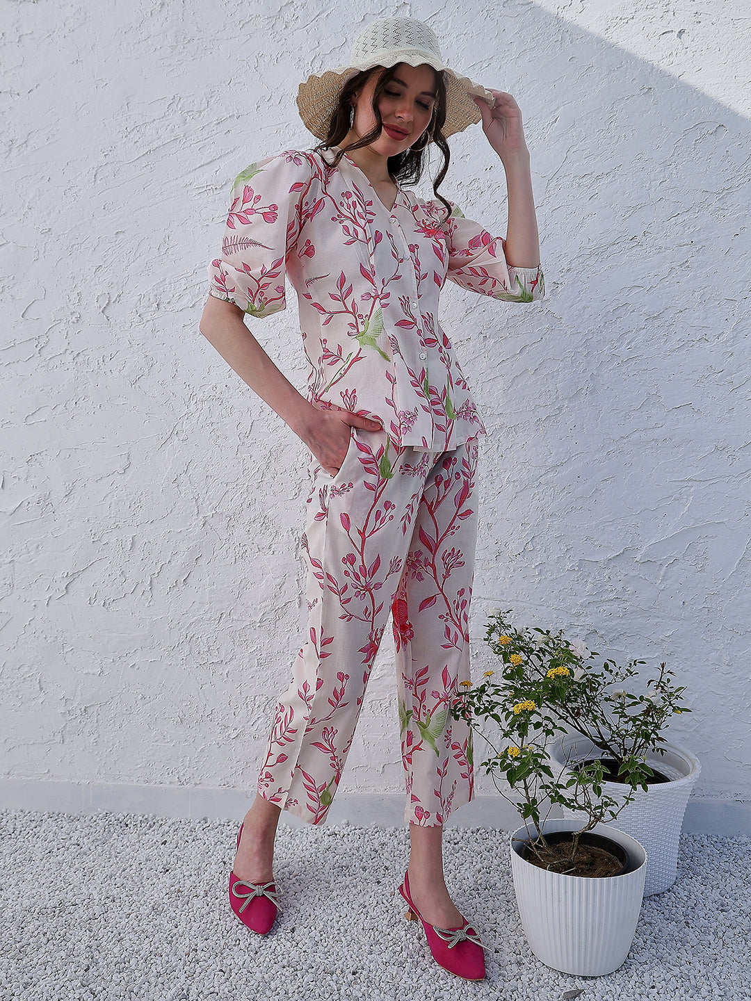 Boho By Athena Printed Shirt-Collar Neck Top Flared Trouser Co-Ords