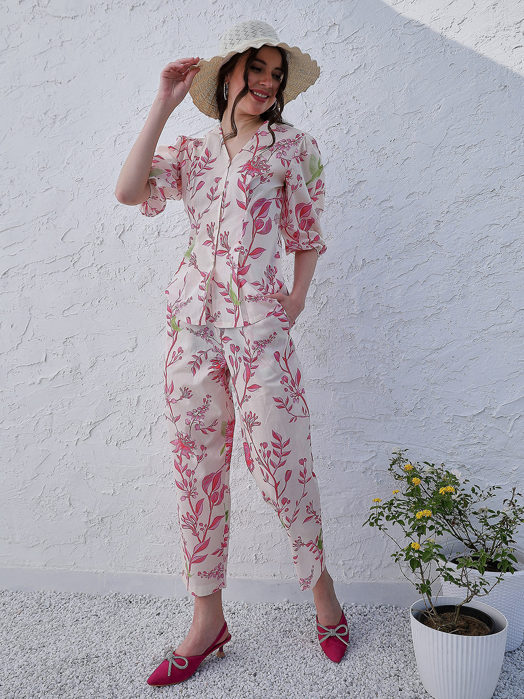 Boho By Athena Printed Shirt-Collar Neck Top Flared Trouser Co-Ords
