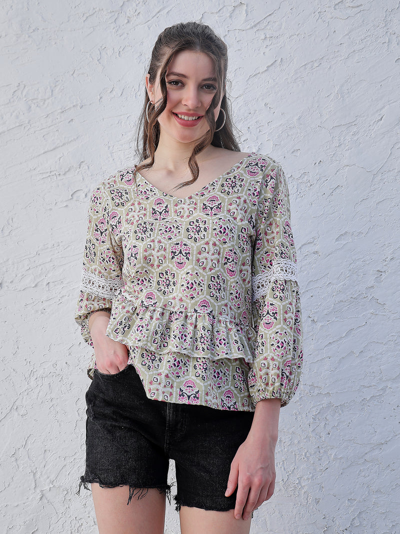 Boho By Athena Printed Ethnic Motifs V-Neck Regular Sleeves Cotton Peplum Top