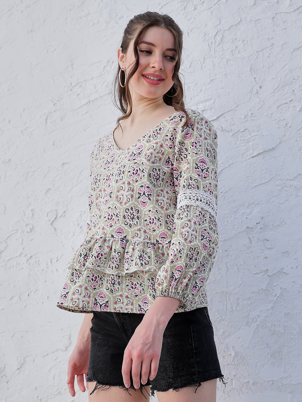 Boho By Athena Printed Ethnic Motifs V-Neck Regular Sleeves Cotton Peplum Top
