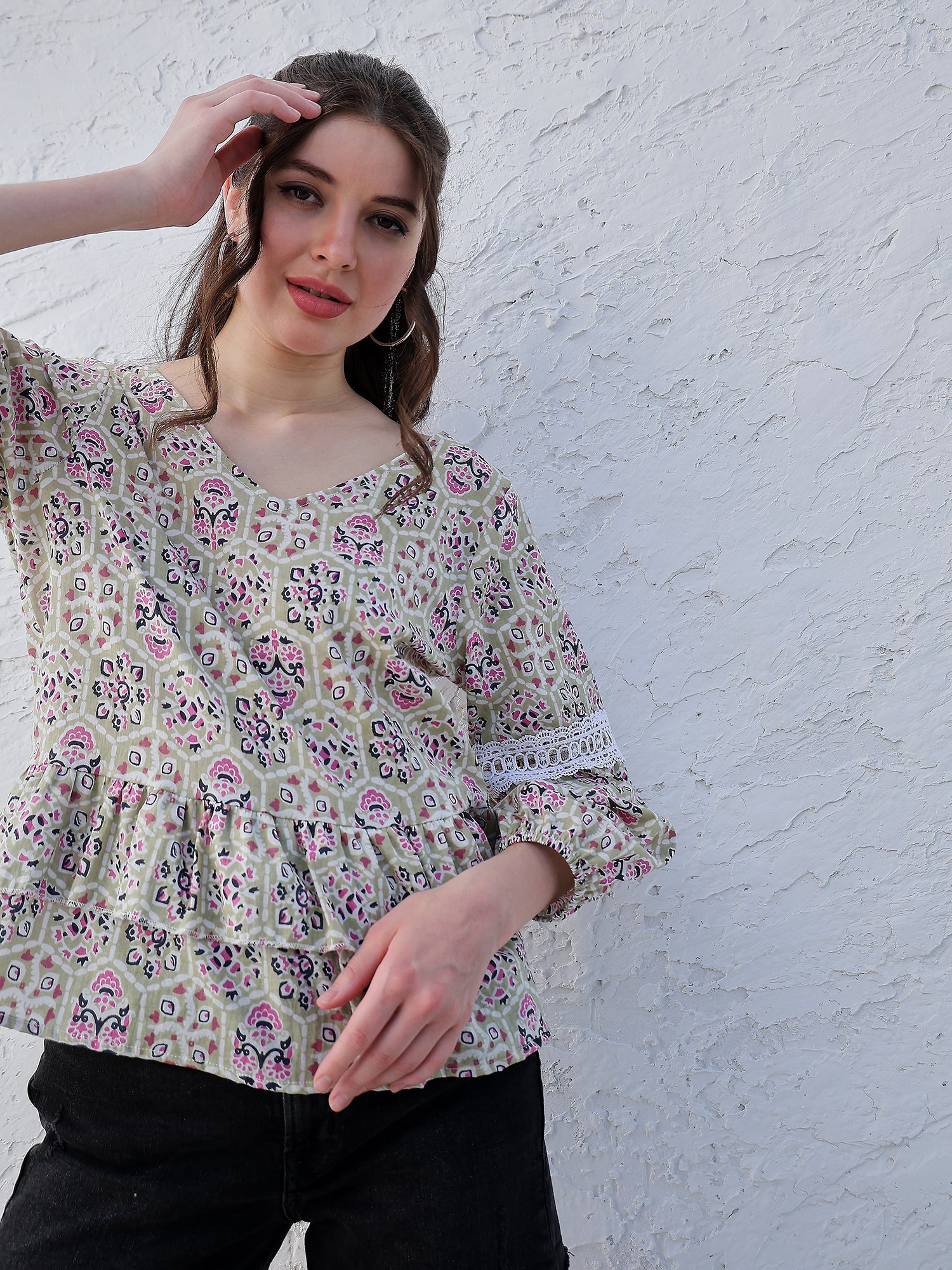 Boho By Athena Printed Ethnic Motifs V-Neck Regular Sleeves Cotton Peplum Top