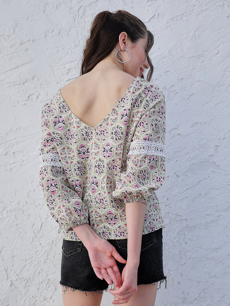 Boho By Athena Printed Ethnic Motifs V-Neck Regular Sleeves Cotton Peplum Top